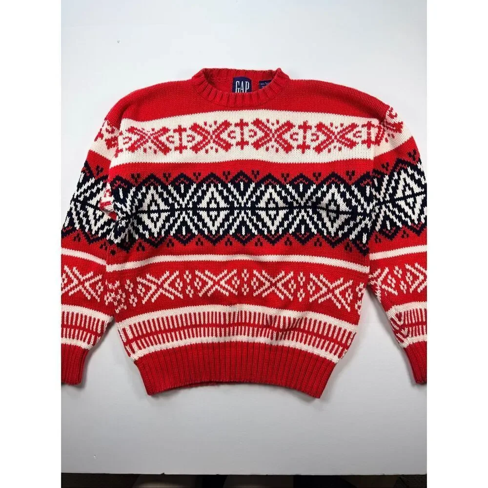 Vintage Gap Sweater Mens Large Pullover Red Nordic Grandpa Snow Flake Vintage